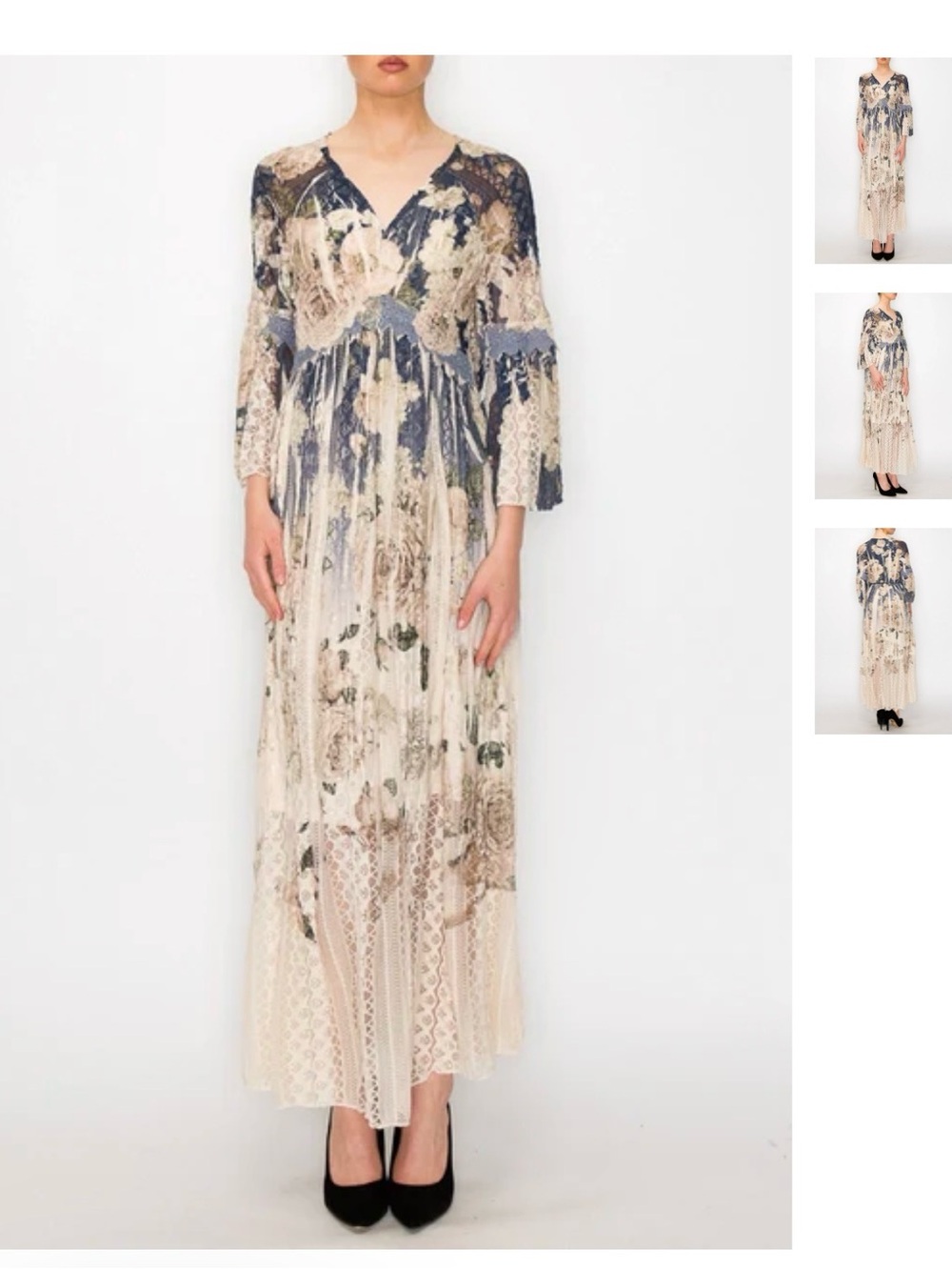 Lace-Overlay Floral Maxi Dress in Cream and Blue